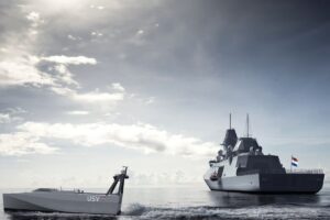 An artist’s impression of the new 12-metre USV platform in the water alongside a Dutch frigate.