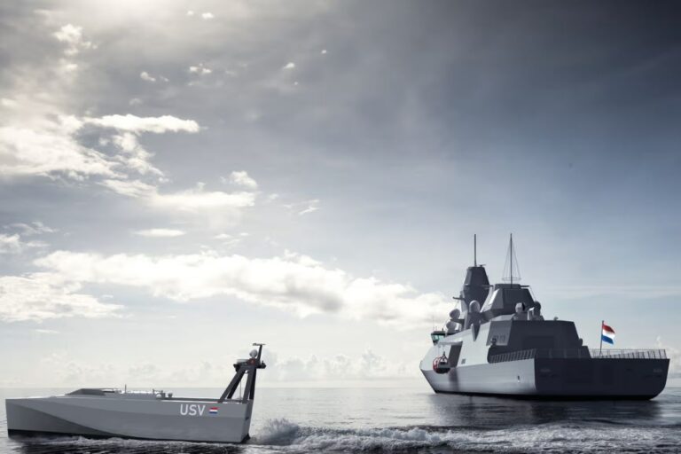 An artist’s impression of the new 12-metre USV platform in the water alongside a Dutch frigate.