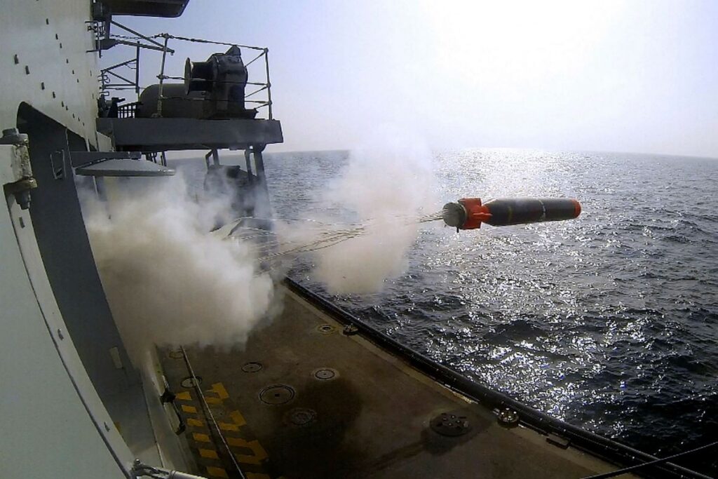 A Stingray Training Variant Torpedo being fired from Type 23 frigate HMS Westminster during an Indian Ocean exercise.