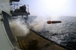 A Stingray Training Variant Torpedo being fired from Type 23 frigate HMS Westminster during an Indian Ocean exercise.