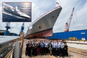 RSS Valour just before her launch at ST Engineering’s Benoi Shipyard and inset, an artist’s impression of a MRCV at sea.