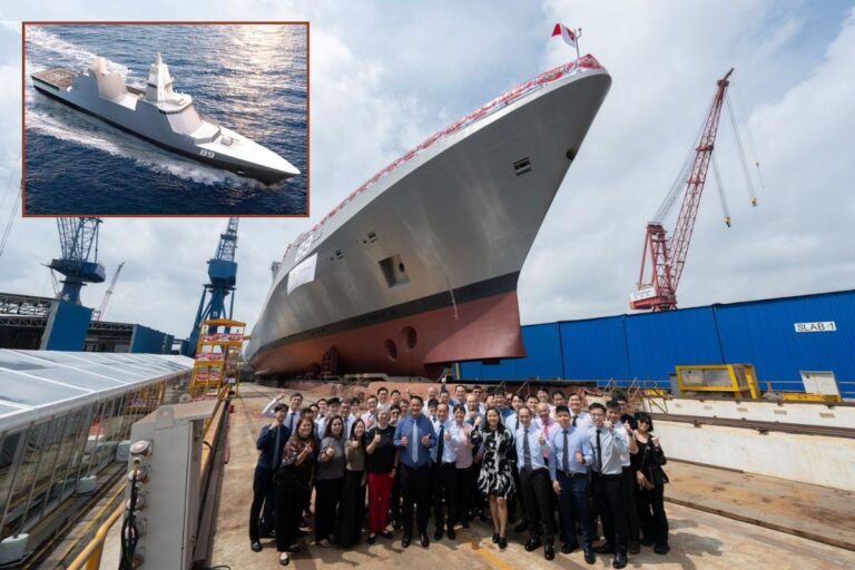 RSS Valour just before her launch at ST Engineering’s Benoi Shipyard and inset, an artist’s impression of a MRCV at sea.