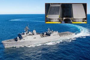 Main picture, San Antonio-class amphibious transport dock USS Richard M. McCool Jr., one of two ships already in service with the U.S. Navy with the SPY-6 radar; inset, two SPY-6 Radar Modular Assemblies (RMAs) in a test chamber.