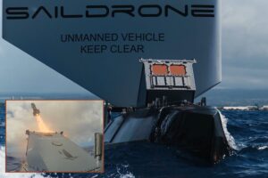 Stills from footage showing the JAGM being fired from a launcher fitted to Saildrone’s Surveyor USV during RIMPAC 26.