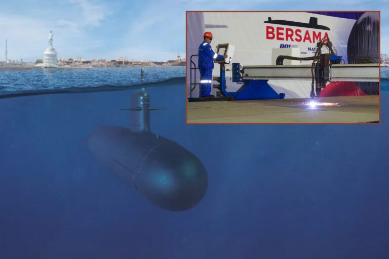 Main image, an artist’s impression of the Scorpene Evolved SSN; inset the first steel being cut at the PT PAL shipyard in Surabaya.