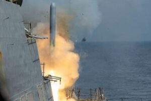 Arleigh Burke-class guided-missile destroyer USS Delbert D. Black firing a Tomahawk Land Attack Missile (TLAM) in the waters off Iran during Operation Epic Fury.