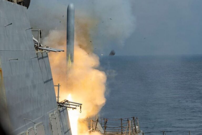 Arleigh Burke-class guided-missile destroyer USS Delbert D. Black firing a Tomahawk Land Attack Missile (TLAM) in the waters off Iran during Operation Epic Fury.