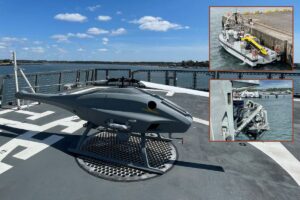 Main picture, a V200 Saab Skeldar UAS on the flight deck of BNS Tournai; insets, an Exail Inspector 125 USV ahead of and being embarked.