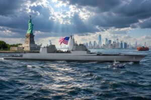An artist’s impression of a Trump-class battleship sailing in New York Harbour.