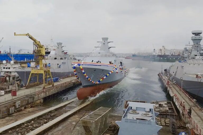 The Royal Malaysian Navy’s third corvette Tunku Osman Jewa entering the water at Istanbul Shipyard.