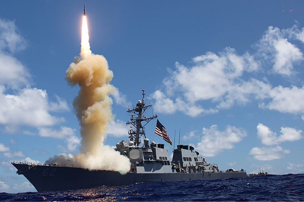 Flight I Arleigh Burke-class guided-missile destroyer USS Fitzgerald firing a Standard Missile-3 (SM-3) during a maritime test exercise.