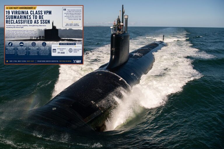 Main picture, one of the newest Virginia-class SSNs, USS Massachusetts, on her 2025 sea trials; inset, all future boats in the class incorporating the VPM will be classified as SSGNs.