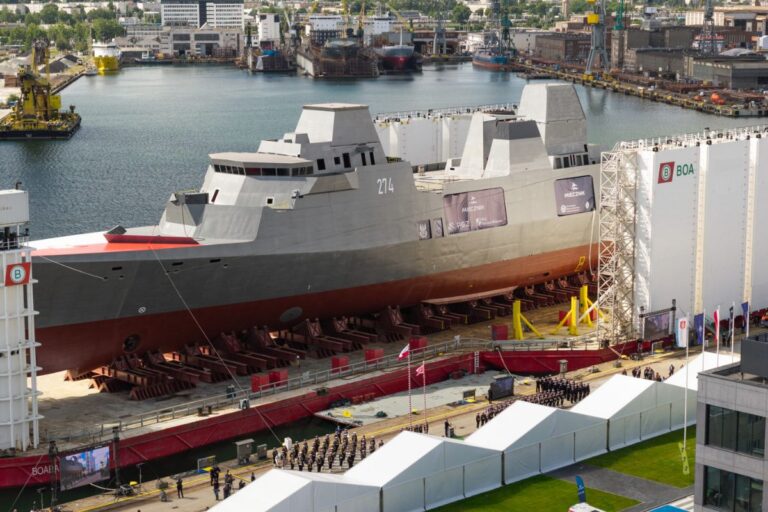 ORP Wicher ahead of her launch in the shipyard in Gdynia, Poland.