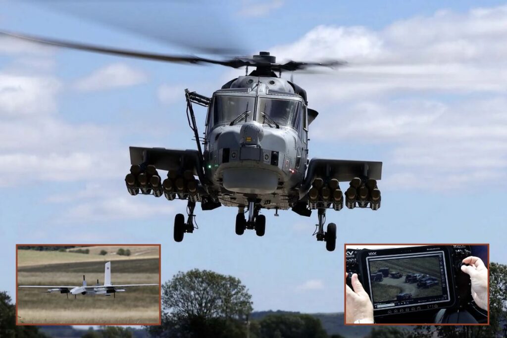 Main picture, the Wildcat with Martlet missiles and extra sensors; insets, one of the UAS and an example of the video feeds it sent back to the helicopter crew and ground base.