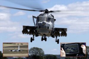 Main picture, the Wildcat with Martlet missiles and extra sensors; insets, one of the UAS and an example of the video feeds it sent back to the helicopter crew and ground base.
