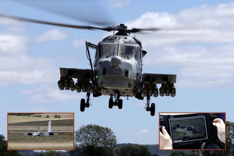 Main picture, the Wildcat with Martlet missiles and extra sensors; insets, one of the UAS and an example of the video feeds it sent back to the helicopter crew and ground base.