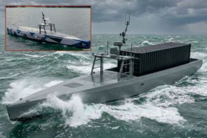 A CGI rendering of ZeroUSV’s new Oceanus17 platform at sea carrying and ISO container (main picture) and the actual drone boat in the water, inset.