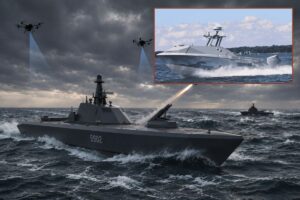 Main picture, an AI-generated image depicting a USV deploying UAS to counter an incoming drone-boat threat; inset, a Tsunami USV.