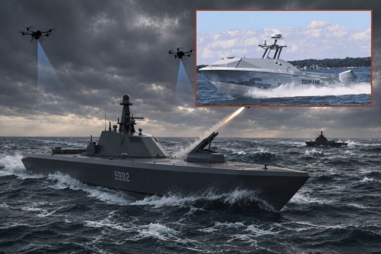 Main picture, an AI-generated image depicting a USV deploying UAS to counter an incoming drone-boat threat; inset, a Tsunami USV.