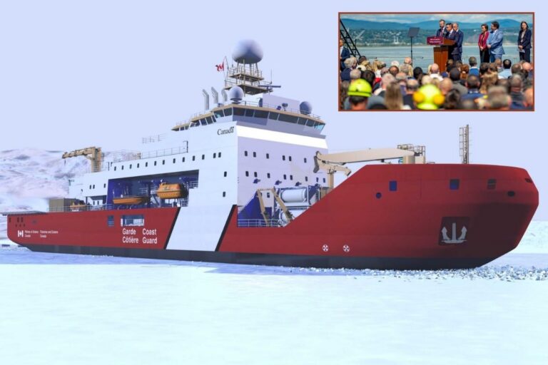 Main picture, a CGI rendering of one of the Polar Class 3 icebreakers; inset, the announcement at Davie’s shipyard.