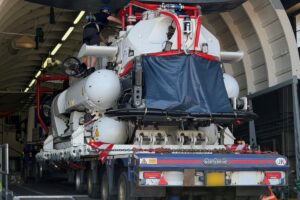 The Submarine Rescue Vehicle being loaded onto a simulator mimicking a C-17A Globemaster aircraft at RAF Brize Norton.