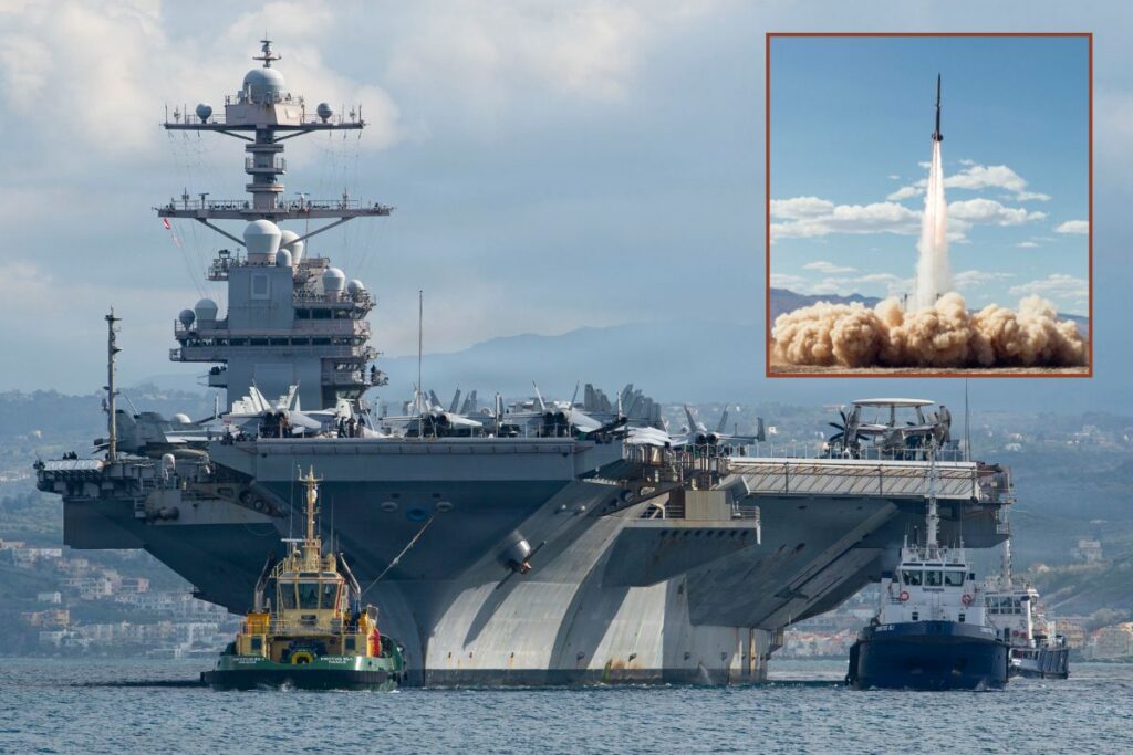 Blackbeard hypersonic missiles like one being test-fired (inset) will equip fighters on U.S. Navy carriers such as the USS Gerald R. Ford, pictured here in Souda Bay, Crete in February 2026.
