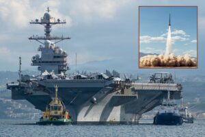 Blackbeard hypersonic missiles like one being test-fired (inset) will equip fighters on U.S. Navy carriers such as the USS Gerald R. Ford, pictured here in Souda Bay, Crete in February 2026.