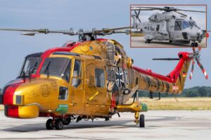 Last flight — the special design with a stylized big cat commemorates the 45-year history of the Sea Lynx with the German Navy; inset, its replacement, the NH -90 Sea Tiger.