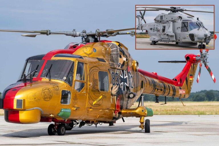 Last flight — the special design with a stylized big cat commemorates the 45-year history of the Sea Lynx  with the German Navy; inset, its replacement, the NH -90 Sea Tiger.