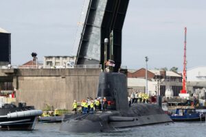 The Royal Navy’s newest Astute-class submarine HMS Agamemnon sails from the BAE Systems shipyard in Barrow-in-Furness ahead of sea trials.