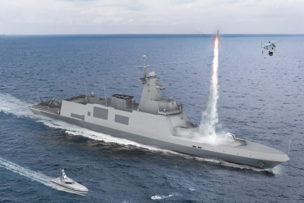 An CGI rendering of how the completed Ocean-40F frigate could look in the water