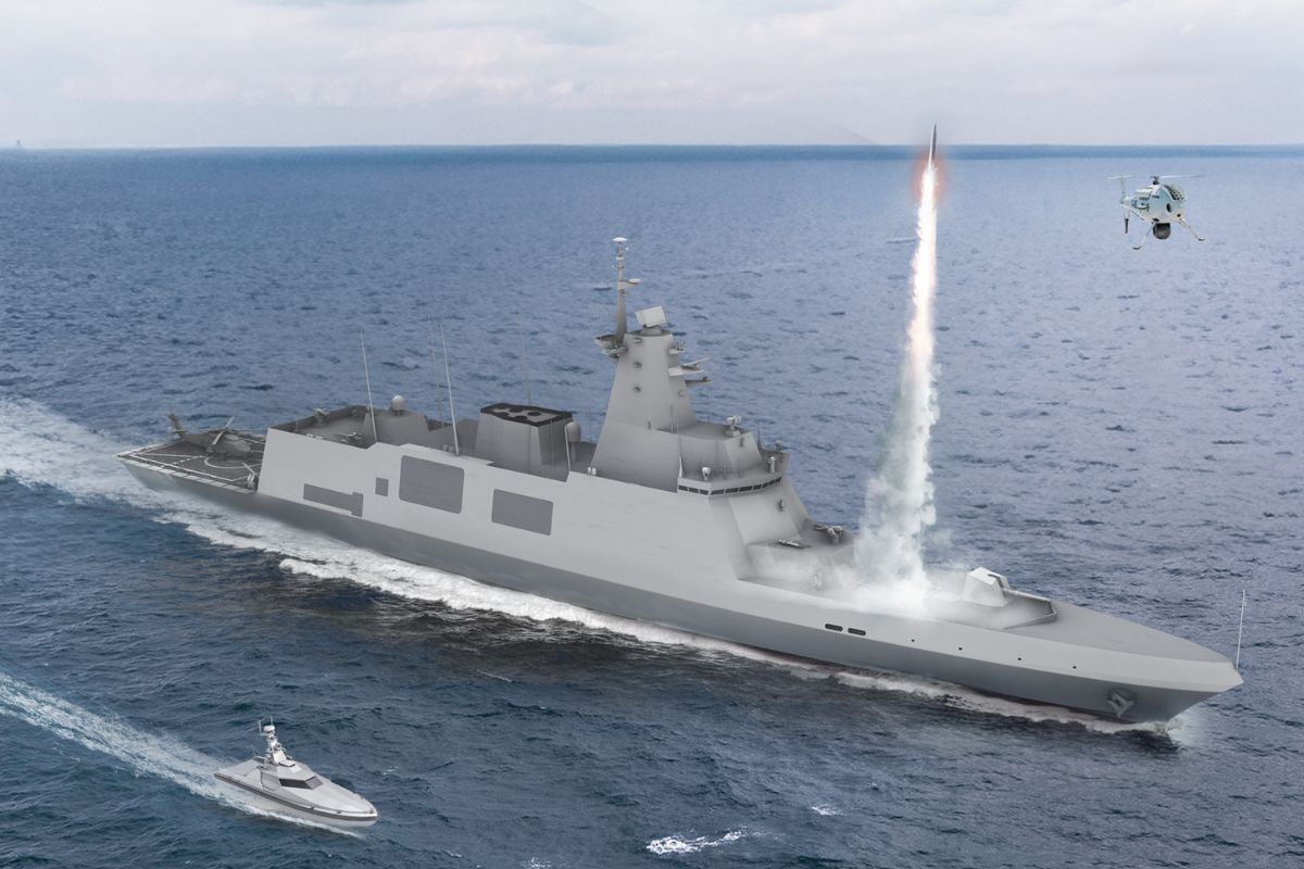 An CGI rendering of how the completed Ocean-40F frigate could look in the water