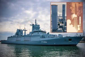 Main picture, Baden-Württemberg-class frigate Sachsen-Anhalt, which conducted the test-firing of IAI’s naval LORA missile (insets).