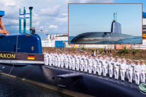 Main picture, INS Drakon prior to her departure from the TKMS shipyard in Kiel, Germany; inset, the boat on earlier sea trials.