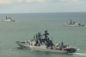 Admiral Levchenko (front) is tracked by HMS Duncan (back left) and HMS St Albans in the English Channel.