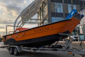 A Zelim Guardian II rescue boat on display outside the front of the conference venue in Southampton.