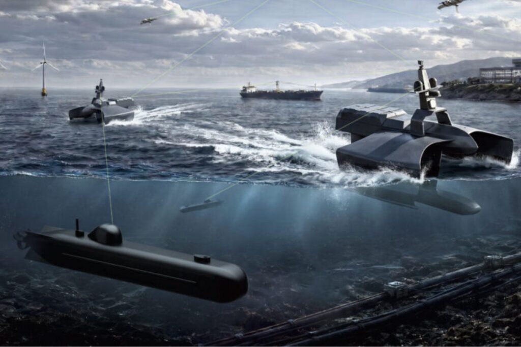 An illustration of the different elements of the Maritime Solution suite including its new Seavex USV and Subvex UUV.