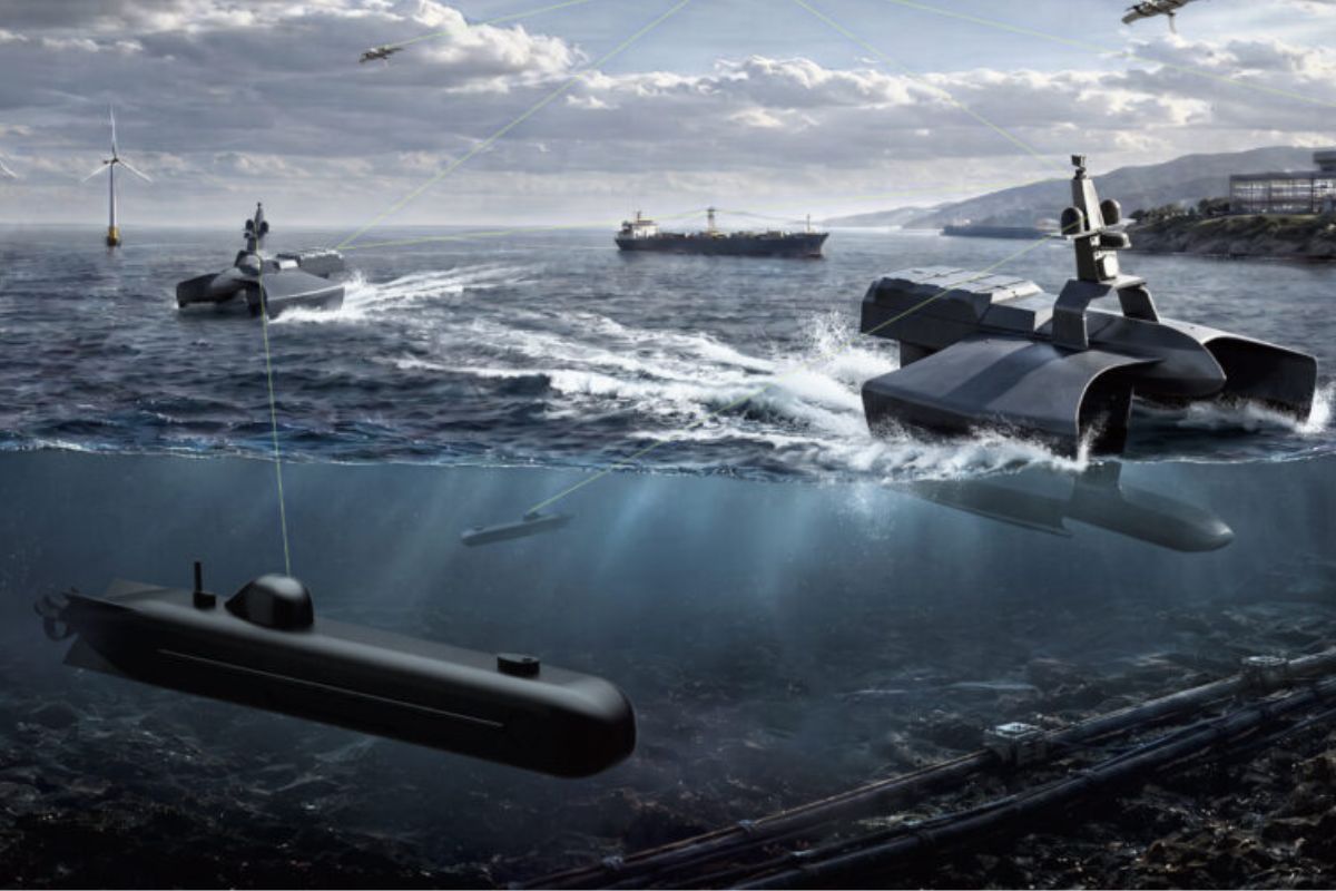 An illustration of the different elements of the Maritime Solution suite including its new Seavex USV and Subvex UUV.