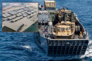 Main image, an LCU attached to Assault Craft Unit 1 off the coastline near Marine Corps Base Camp Pendleton, California in 2026; inset, an artist’s impression of Saronic’s Port Alpha shipyard currently under construction.