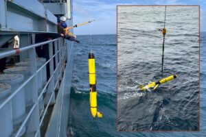 Two of the Teledyne Slocum G3 gliders being launched (inset) and recovered from the waves.