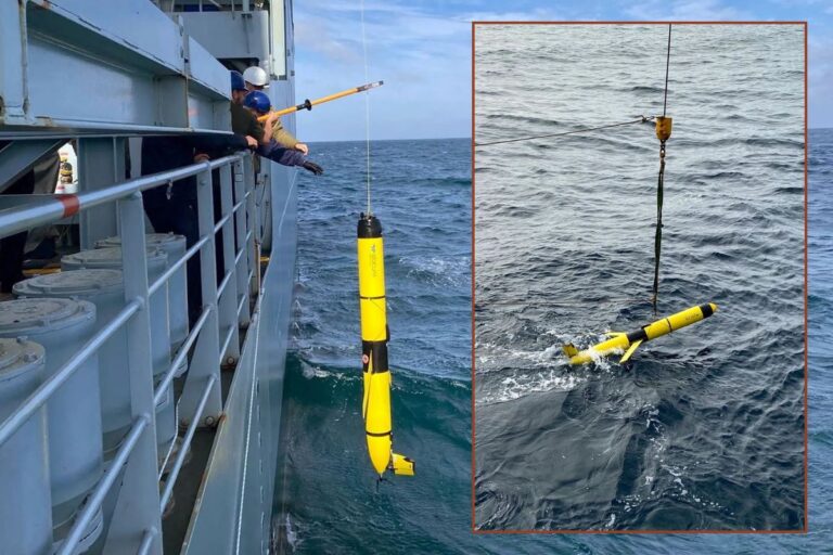 Two of the Teledyne Slocum G3 gliders being launched (inset) and recovered from the waves.