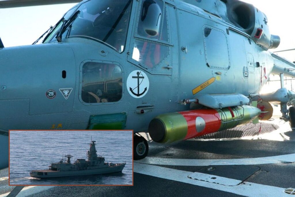 A Lynx helicopter, and Portuguese frigate NRP Bartolomeu Dias (inset) upon which it was embarked, both launched Mk46 torpedoes as part of the ongoing REPMUS 26 exercises.