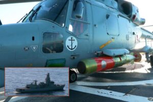 A Lynx helicopter, and Portuguese frigate NRP Bartolomeu Dias (inset) upon which it was embarked, both launched Mk46 torpedoes as part of the ongoing REPMUS 26 exercises.