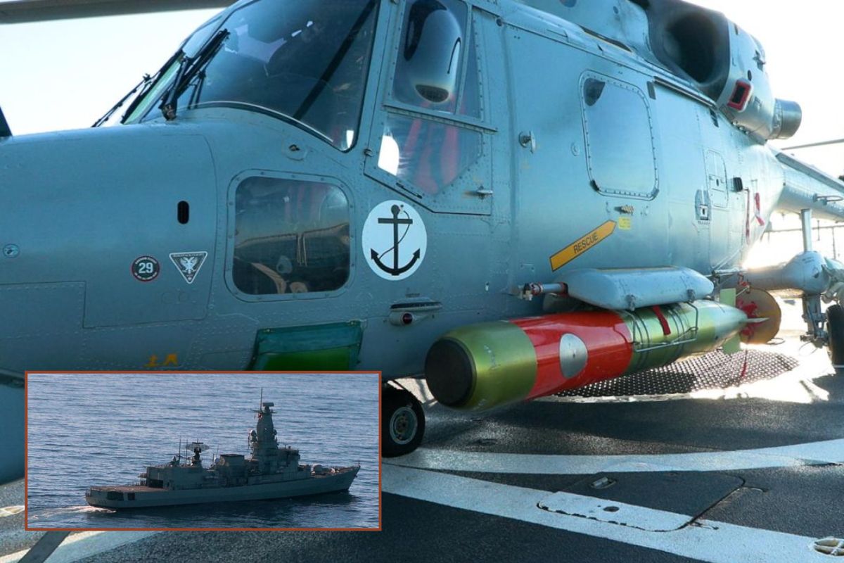 A Lynx helicopter, and Portuguese frigate NRP Bartolomeu Dias (inset) upon which it was embarked, both launched Mk46 torpedoes as part of the ongoing REPMUS 26 exercises.