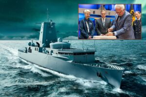 Main picture, an artist’s impression of one of the new Type 424 SIGINT reconnaissance vessels; inset,  Defence Minister Boris Pistorius, Minister President Manuela Schwesig and Rheinmetall CEO Armin Papperger at the keel-laying ceremony.
