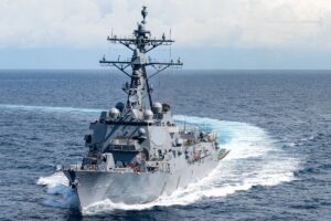 Another Flight III Arleigh-Burke-class guided-missile destroyer, the soon-to-be-commissioned USS Ted Stevens on sea trials last year.