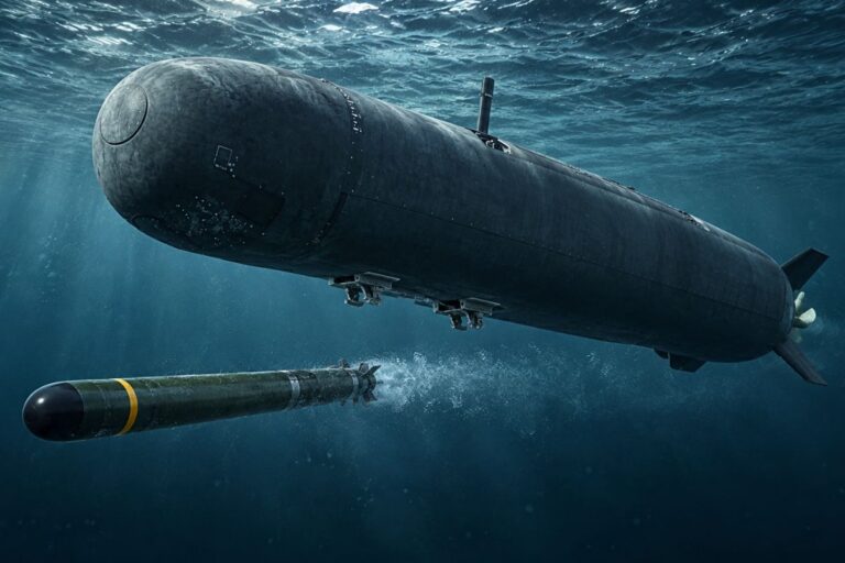 An AI-generated image visualising a Mk48 heavyweight torpedo being fired from XV Excalibur.