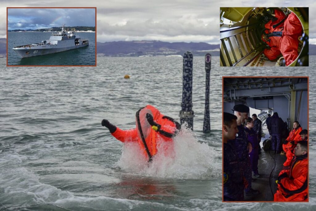 Main picture: a sailor surfaces from the escape tube of the submarine Simpson during SUBSAR 2026; insets, various scenes from the exercise.