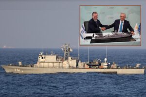 Main picture, Cypriot Navy OPV Commodore Andreas Ioannides; inset, DG Israeli MoD Major General (res.) Amir Baram, and acting Permanent Secretary of the Cypriot MoD Stelios Kountouris.