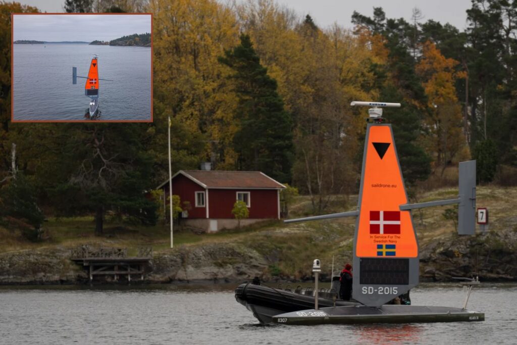 Four Saildrone Voyager USVs like this one will provide persistent maritime surveillance for the Swedish Armed Forces; inset, a Saildrone USV departs Nynäshamn, Sweden, for the Baltic Sea.